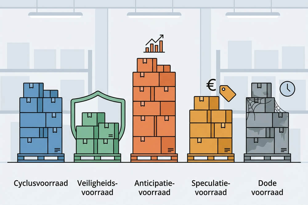 Illustratie van de vijf verschillende soorten voorraad in een magazijn