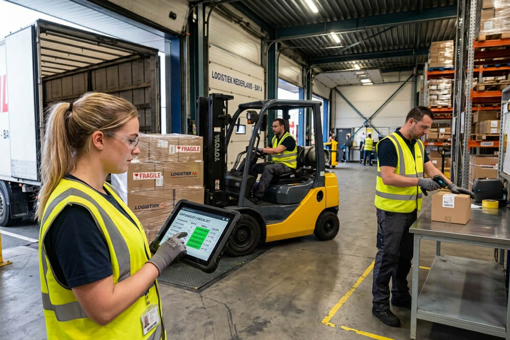 Logistiek personeel aan het werk bij laaddock met heftruck en tablet