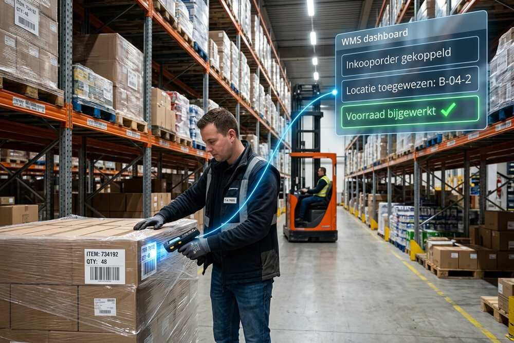 Magazijnmedewerker scant barcode met een direct bijgewerkt WMS-dashboard in beeld