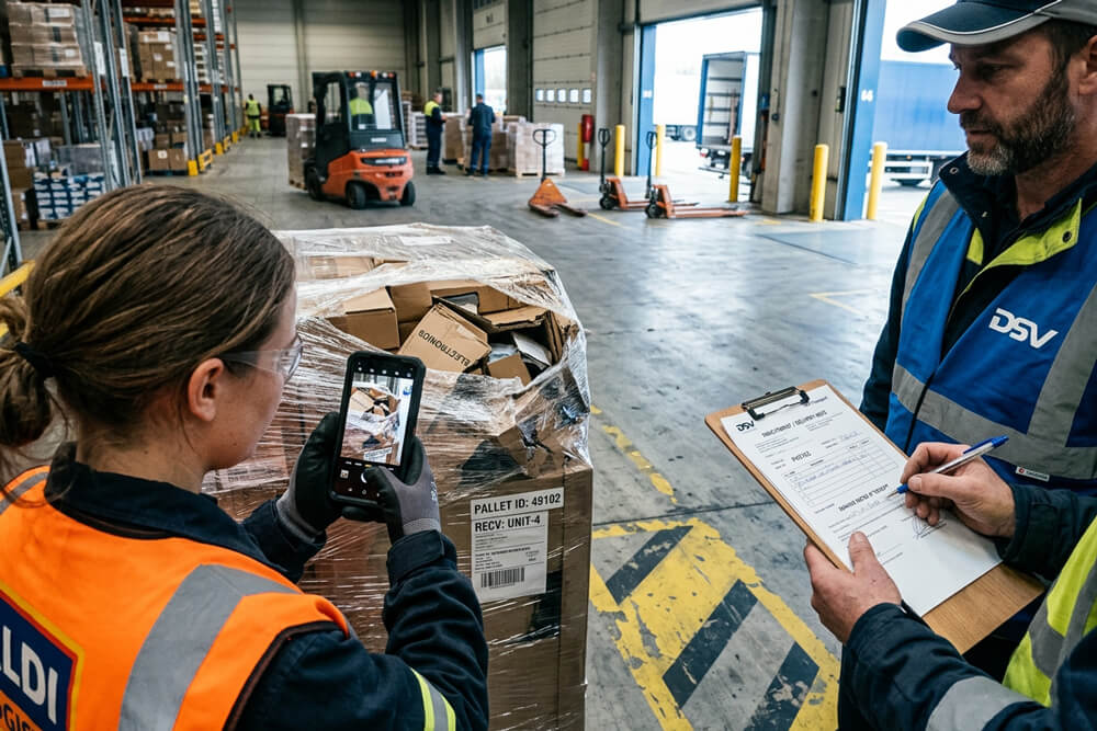 Magazijnmedewerkers registreren en fotograferen beschadigde goederen tijdens de ontvangst