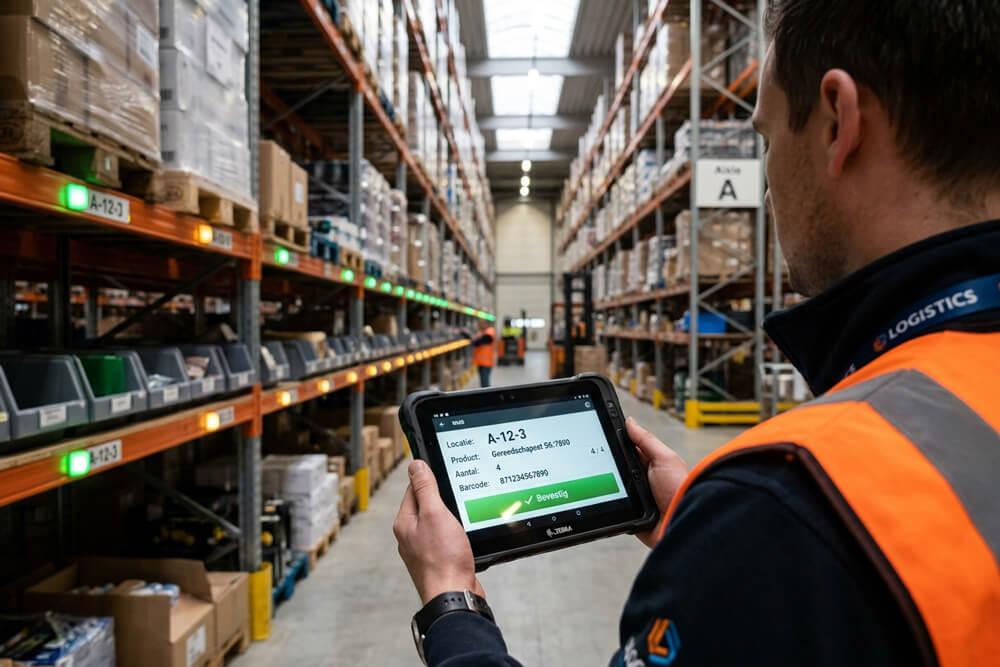 Medewerker gebruikt een robuuste tablet voorraadbeheer in een magazijn
