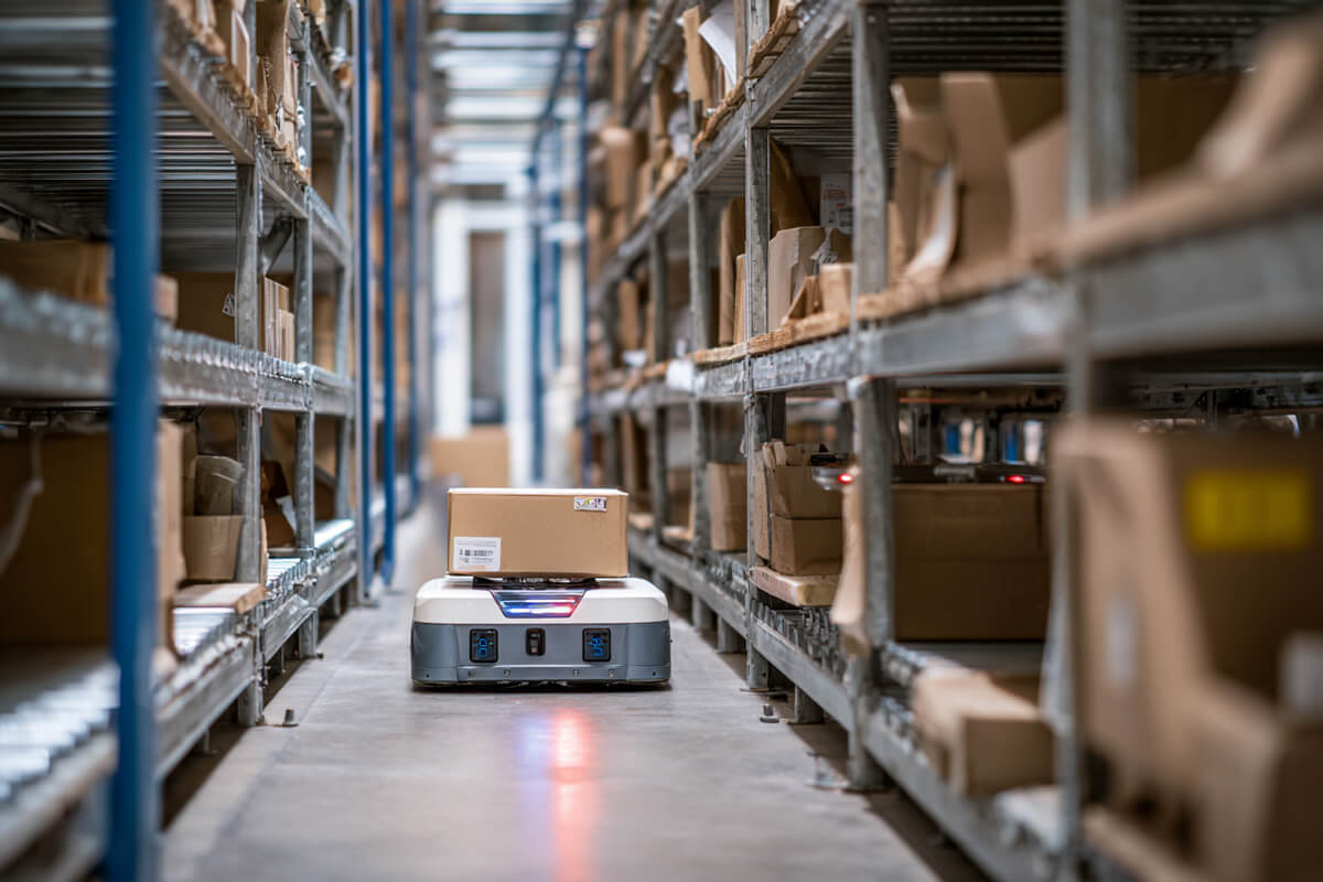 Robot die een pakket aflevert in een magazijn